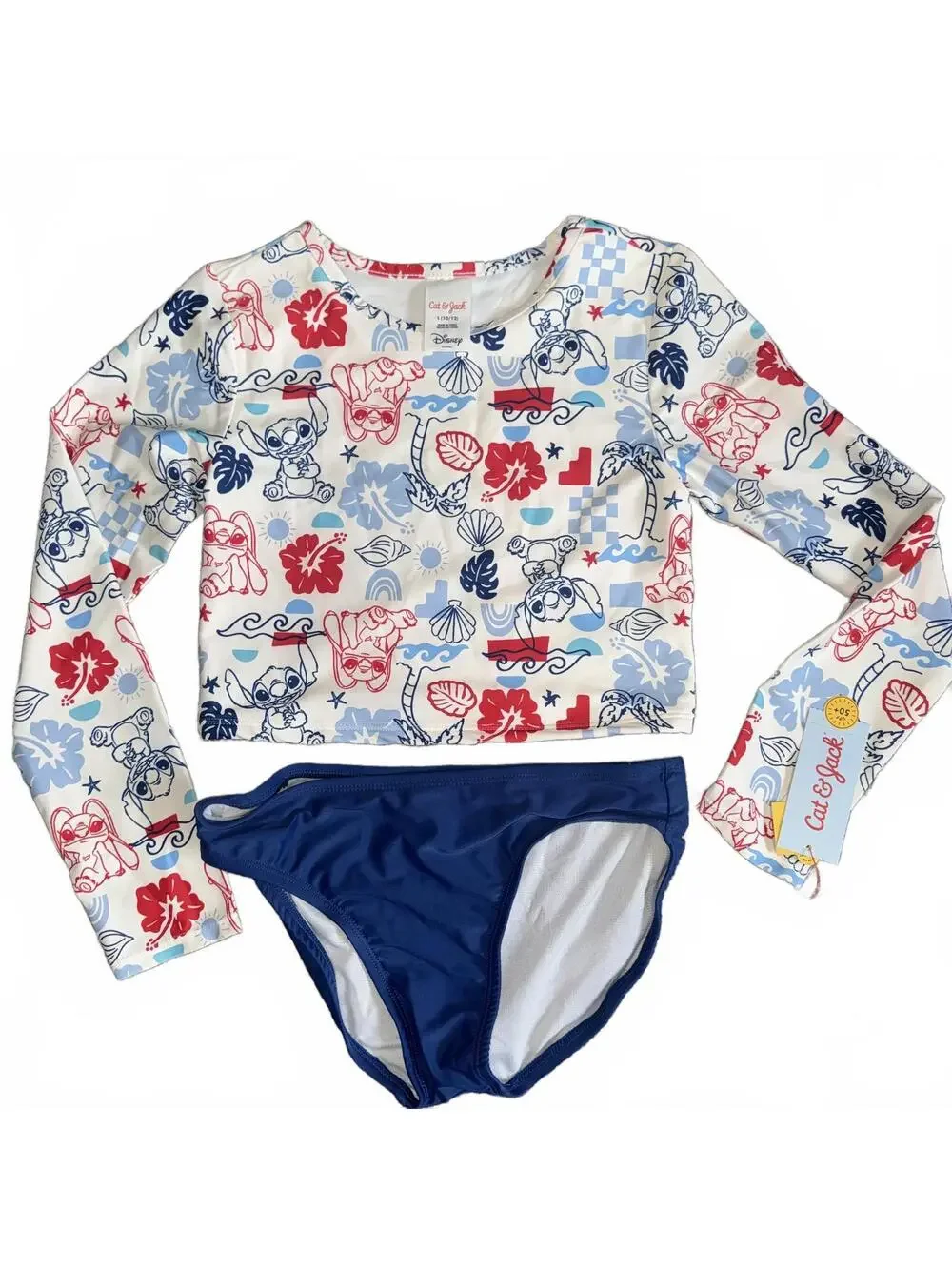 Disney Stitch Girls Cat & Jack 2-Piece Rash Guard Swimsuit Set Large 10/12 NWT